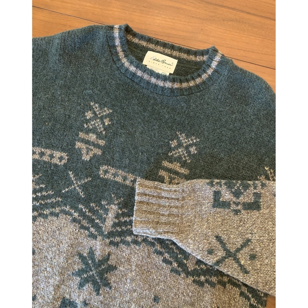 Vintage 90s Eddie Bauer Wool Blend Sweater Mens L Green Brown Knit Made in USA